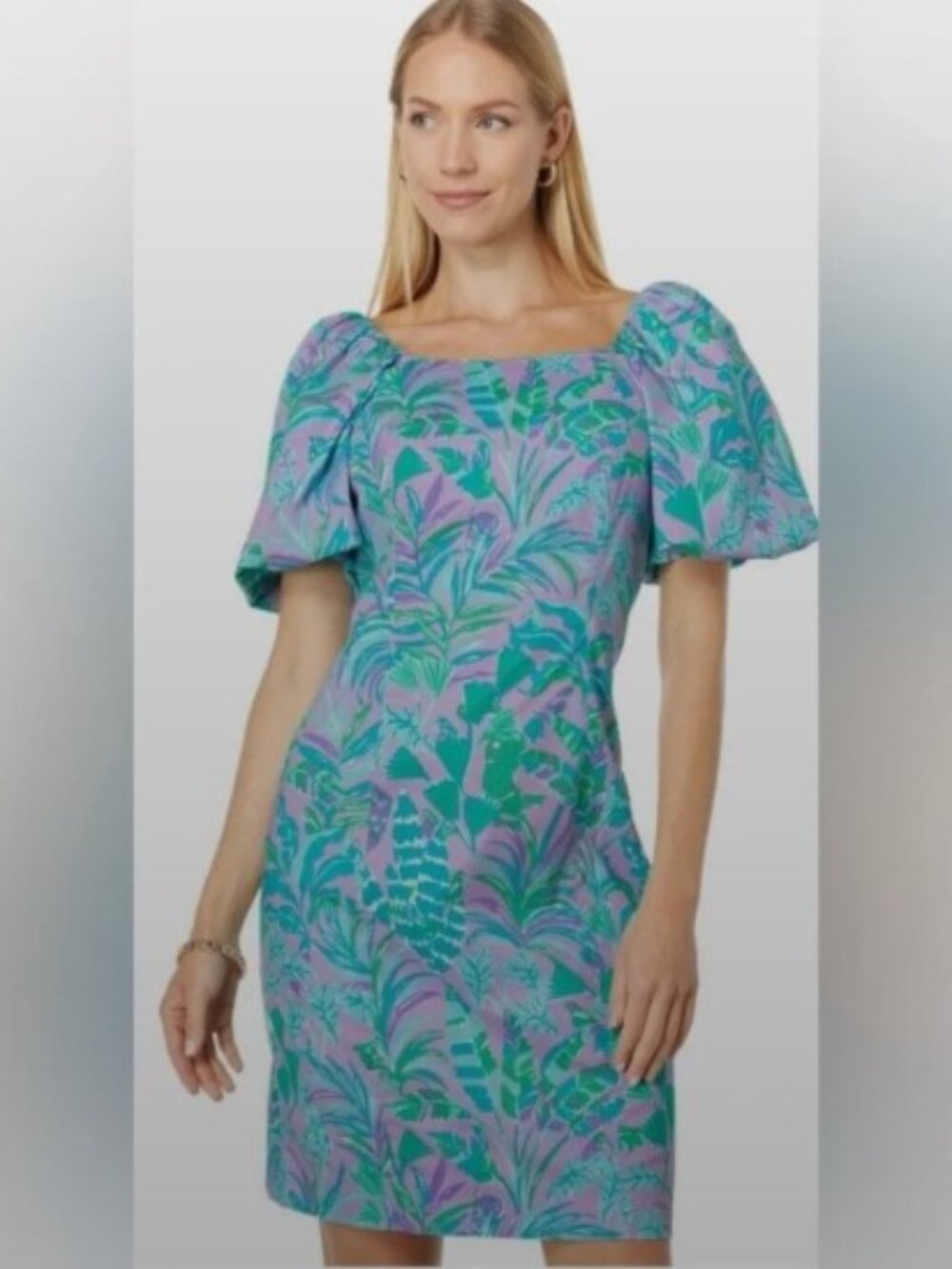 Lilly Pulitzer Lavender Teal Tropical Print Square Neck Puff Sleeve Dress Size 4